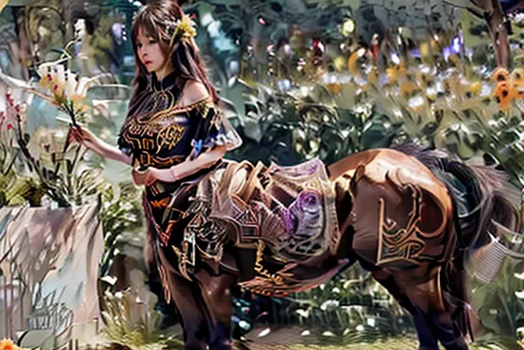 a cute yuna, centaur, wearing a sheer colorful tribal drape on her torso, she is inspecting flowers in a lavish flower garden, p...