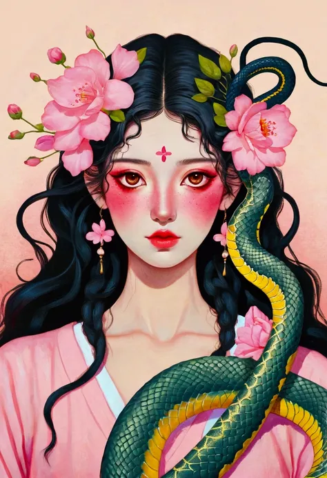 A beautiful girl，A painting with a pink flower on the head,  Snake Face Woman, Ms. Entropy, 