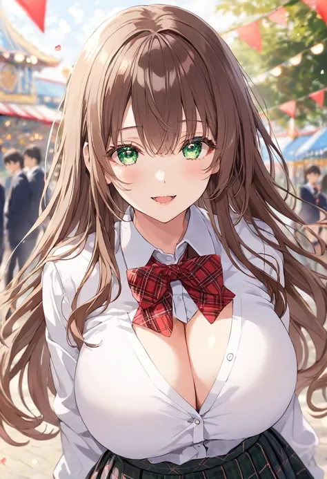 masterpiece, best quality, ultra detailed, detailed eyes, sparkling eyes, (((nsfw, large breasts, cleavage))), 1girl, single, solo, beautiful anime girl, beautiful art style, anime character, long hair, bangs, brown hair, curly hair, green eyes, beautiful ...