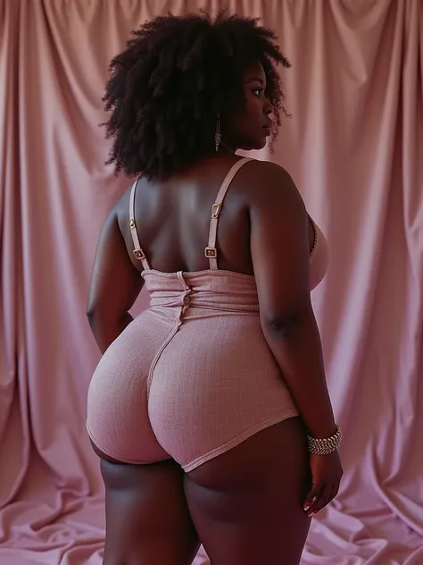 MASSIVE SUPERIOR HUGE ASS, extreme protrusion, dark skin: dark melanin Women, Protruding Ass paired with slender stomach ting waist, subject poses from the front side, rromper sweater: belts clasps buckles in the minute details, wide trapezoidal pelvis: wi...