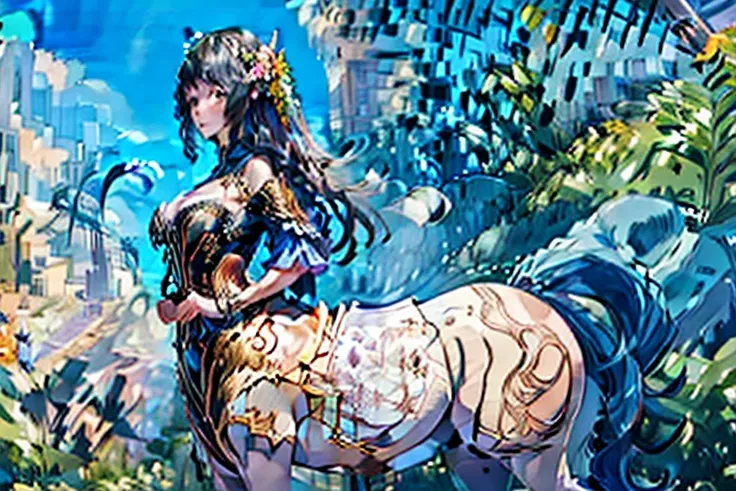 a cute yuna, centaur, wearing a sheer colorful tribal drape on her torso, she is inspecting flowers in a lavish flower garden, p...