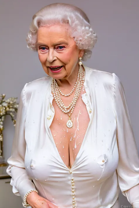 mid-shot of (queen elizabeth 80yo:1.2) with (busty saggy breast:1.4), she is wearing a (white silk blouse:1.4) and (covered in cum on blouse:1.4) with a pearl necklace. 