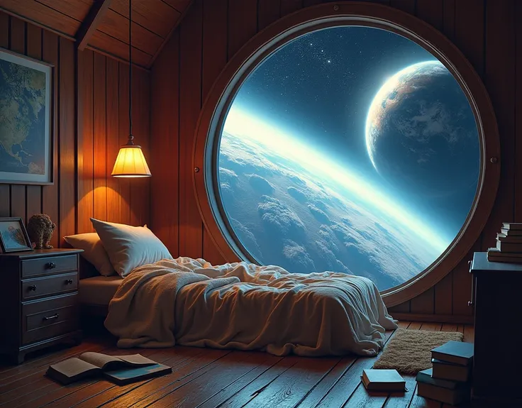 Cosmos, Cabin, made bed, there is a blanket and books on the floor, large porthole, Earth, Sun