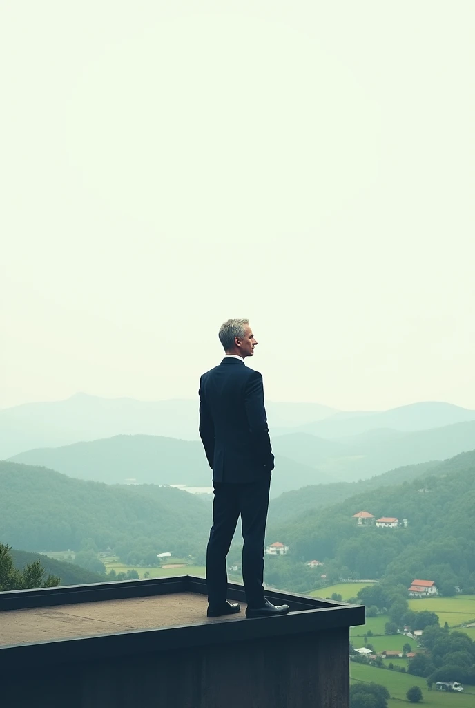 A man on roof a building with a white peason realistic photo cloud sky background 