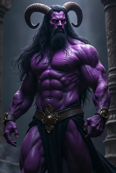 Anime demigod dark purple skin with out a shirt with horns and a six-pack long black hair 