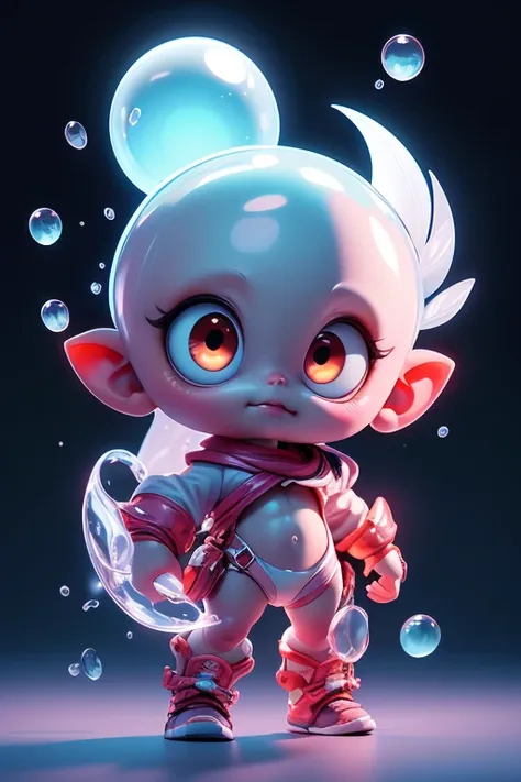 Create a monster image, a small, big-headed, baby monster.. The body is transparent and can be seen through. The image is sharp and detailed., with beautiful colors.. With arms, leg, eyes, mouth, พื้นหลังสีlegว