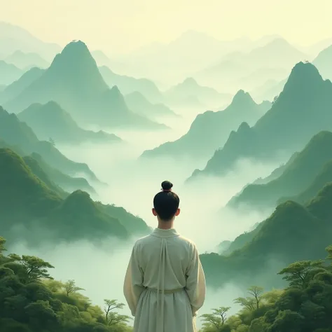 Chinese painting， Song Dynasty Style。 Long-range view， You can see Chinese style landscape， An Asian man，Young handsome，A peaceful and calm smile。 A Zen-like and peaceful practice，In the green mountains and green world，Light mist surrounds