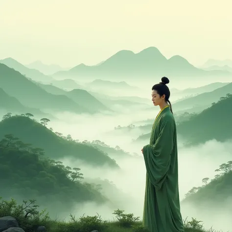 Chinese painting， Song Dynasty Style。 Long-range view， You can see Chinese style landscape， An Asian man，Young handsome，A peaceful and calm smile。 A Zen-like and peaceful practice，In the green mountains and green world，Light mist surrounds