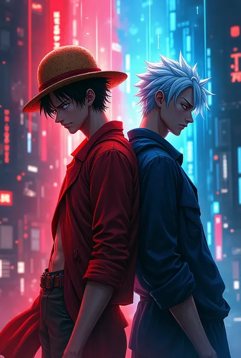 Luffy and gojo satoro jojitso ,one piece cyberpunk , Aura red and Aura blu ,dark energy 