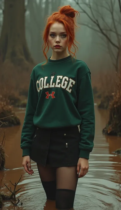 70s film photo, masterpiece, depraved young teenager girl, provocative photoshoot posing, drowning in bog, copper-red hair, stockings, skirt, college sweatshirt, stockings, loose bun, standing, bold makeup