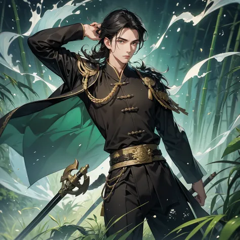 a Handsome black-haired male general holding a large sword in ancient Chinese costume, the back is a lush green bamboo forest. the air after rain has water droplets splashing around.