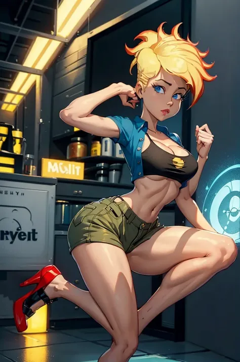 ((masterpiece, best quality)),(complex light),1girl, solo, portrait, jenny test, blonde hair,blue eyes, pants, midriff, open shirt, tank top, cleavage, large breasts, long hair, short sleeves shirt, looking at the viewer, platform high heels 