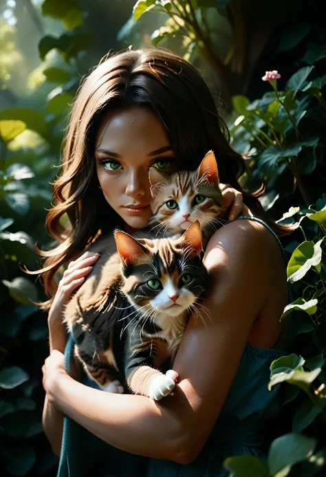 (2 cats:1.3), (2 animals:1.3), ((black brown-eyed cat)), ((red green-eyed cat)), (hugging:1.2), great atmosphere, nice atmosphere, fairy dust