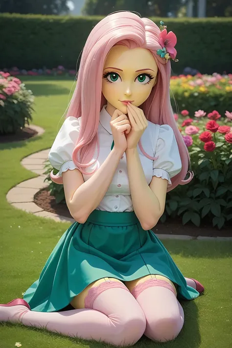 fluttershy from the movie "mlp equestria girls", seductive look, a white blouse, flower in hair, green skirt, in a garden, sitti...