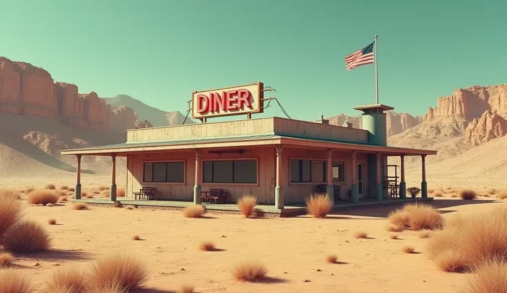 background、1920s、In front of the desert diner、Retro、unmanned、perfection、