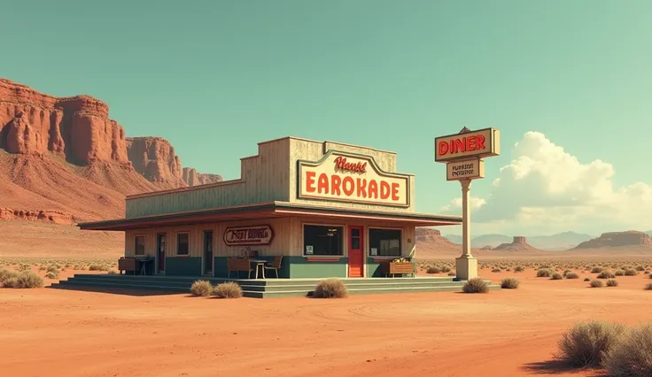 background、1920s、In front of the desert diner、Retro、unmanned、perfection、