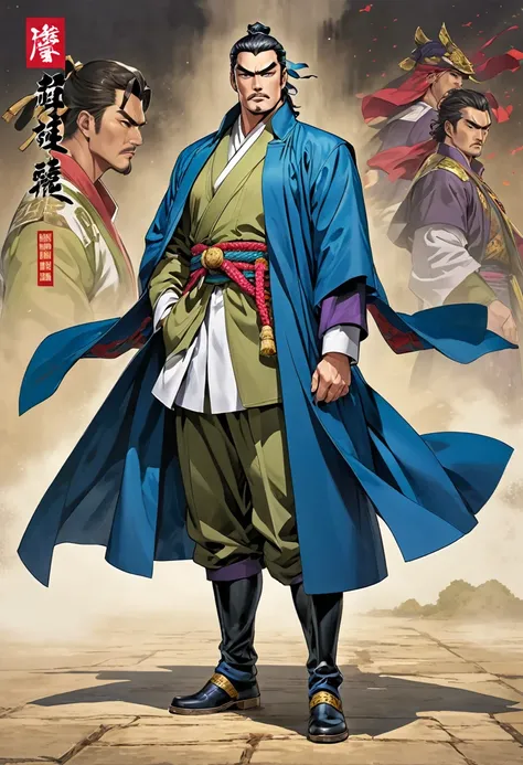 Three Kingdoms Jojo, Clothes made of a coat, leader, middle aged man, Full body exposed, Looking to the side, Don&#39;t turn your head, traditional chinese dress, One, Gray-toned clothes