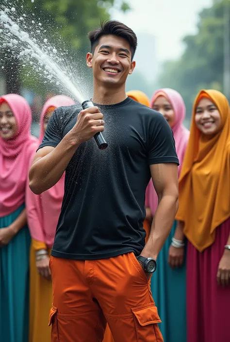 Malaysia guy age 2s. Handsome Man wear Blackshirt. Cargo pant orange firefighter jumpsuit. Very muscle body. Holding water hose. Shoot the water to many girl hijab colorfull women cheerfull face..