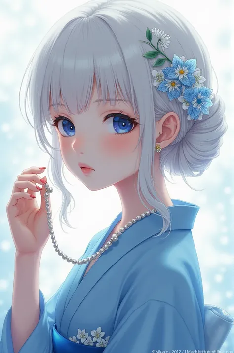 Hair: platinum 
eyes: blue  
accessories (hair): snowflake and lily of the valley hairpin 
Costume: Blue kimono  
accessory(hand): pearl necklace  
Gender: female 
Age: 13 
