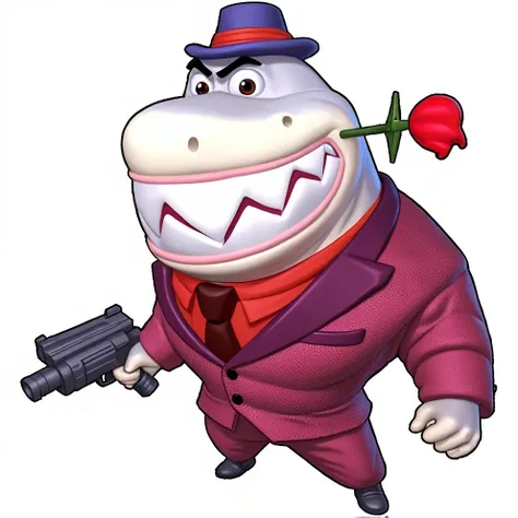 cartoon character of a shark dressed in a suit and hat holding a gun, fujita goro!, hamburglar, mobster, an anthropomorphic gangster rat, half shark alligator half man, falco lombardi from starfox, kingpin, machiavellian, mafia, from sam and max, anthropom...