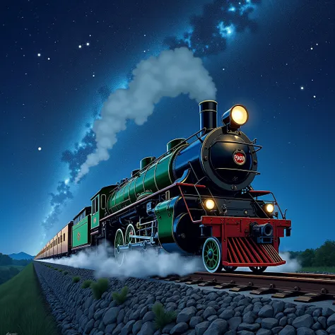 A steam locomotive flying through the starry sky、Galaxy Express 999、Starry sky themed artwork、Japanese steam locomotive C62、The body is a beautiful green