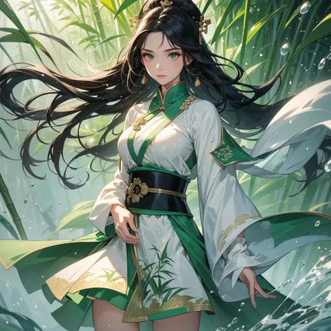 a beautiful woman black-haired female general holding a large sword in white-green ancient Chinese general costume, the back is a lush green bamboo forest. the air after rain has water droplets splashing around.