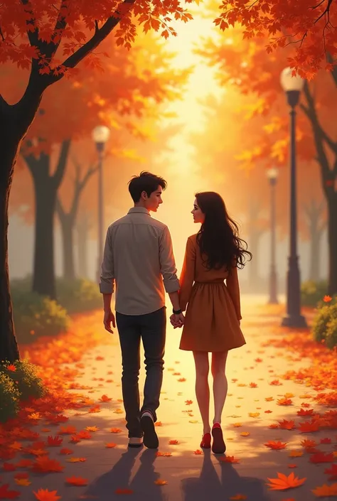 Back view of a couple walking in the park　Holding hands　They are staring at each other　Fallen leaves are fluttering　Autumn scenery　autumn leaves