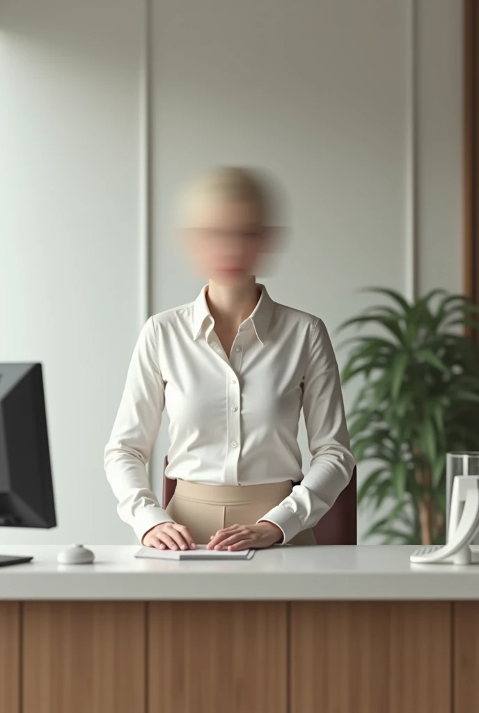 Interview at reception wearing a white shirt and beige trousers without the face being visible 