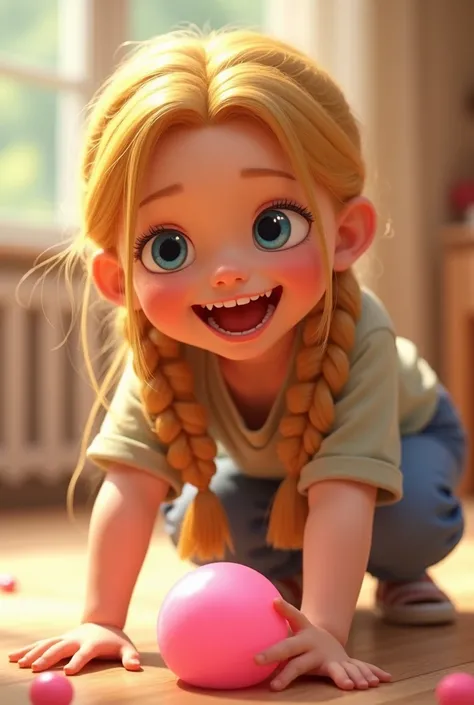   blonde hair with braids picking up a small pink ball on the floor, With a smile on his face