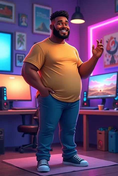 4d cartoon of a  black man who is not thin, neat hair is not stylish, clean  face, Wear casual clothes, t - shirt, standing in the gamer room, right hand waving, left hand attached to the waist. For large and close-up images. high resolution.