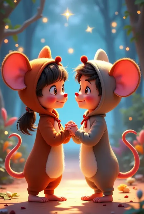 DISNEY PIXAR GIRL WITH BROWN EYES DRESSED AS A MOUSE HOLDING THE HAND OF A BOY WITH BROWN EYES DRESSED AS A MOUSE 
