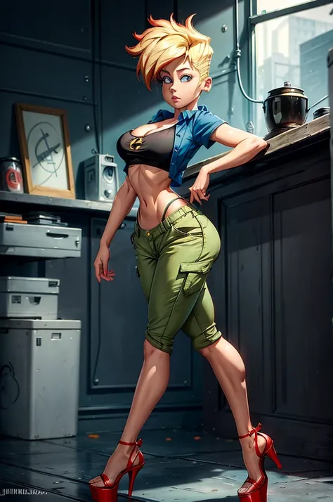 ((masterpiece, best quality)),(complex light),1girl, solo, portrait, jenny test, blonde hair,blue eyes, pants, midriff, open shirt, tank top, cleavage, large breasts, long hair, short sleeves shirt, looking at the viewer, ((open-toe platform high heels)) 