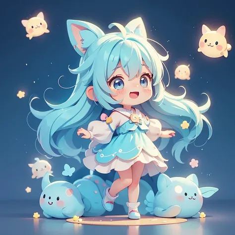 １people、Happy atmosphere，Cute Style，Cute cartoon，round background，masterpiece　Fairy　Long light blue hair　Cute Characters　 Anime Style　The whole body is visible　Charm　High resolution　delicate　
