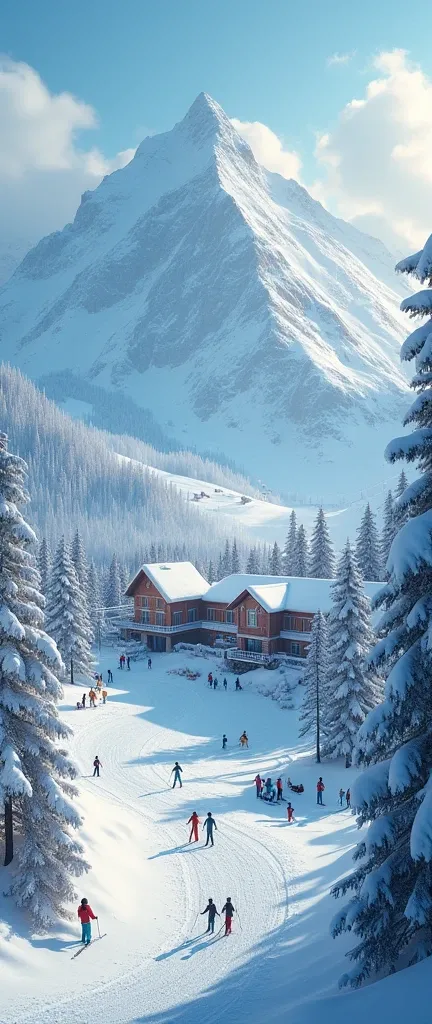 a snow-covered ski resort, ski lifts, people skiing, snowy landscape, winter sports, scenic mountain view, ski equipment, skiers on slopes, ski lodge, ski resort architecture, Cold weather, frozen lake, snow-covered trees, overcast sky, adventure, outdoor ...