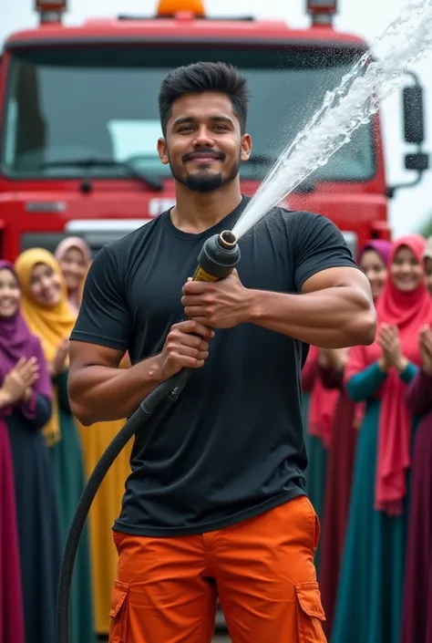 Malaysia guy age 2s. Handsome Man wear Blackshirt. Cargo pant orange firefighter jumpsuit wear tight in . Very muscle body. Holding water hose. Shoot the water to many girl hijab colorfull women cheerfull face clapping hand. Firetruck background