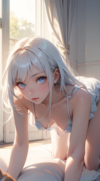 1_girl, long white hair, blue eyes, small breasts, sexy pose wearing white, cushion, lots of light, on all fours、covered by a ma...