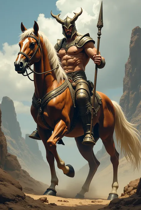 The Centaurs:The upper body is human and the lower body is horse, long spear, battle helmet, fictional painting, 