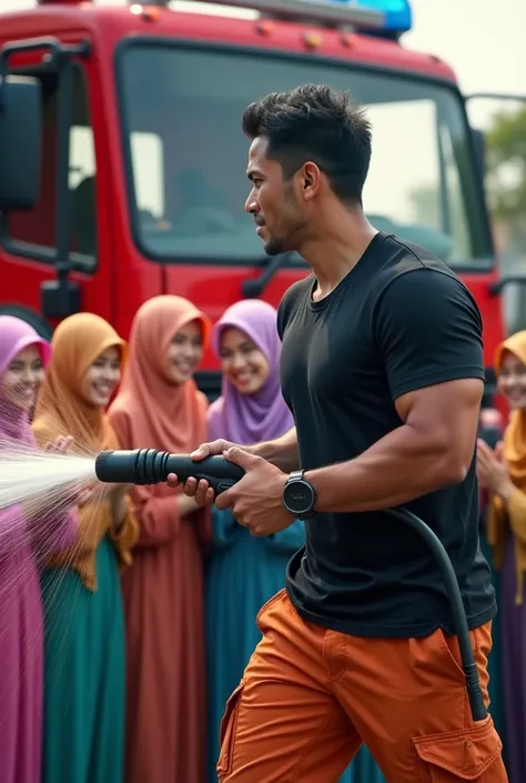 Malaysia guy age 2s. Handsome Man wear Blackshirt. Cargo pant orange firefighter jumpsuit wear tight in . Very muscle body. Holding water hose. Shoot the water to many girl hijab colorfull women cheerfull face clapping hand. Firetruck background