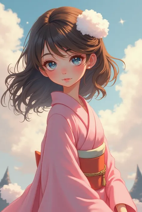 Hair: brown 
eyes: blue  
accessories (hair): cloud clip 
Costume: pink   kimono
Gender: female 
Age: 13 
