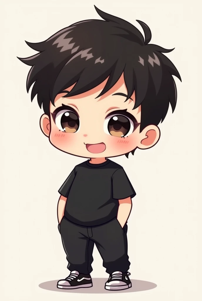 Chibi smiling cool guy with black shirt, pants and shoes