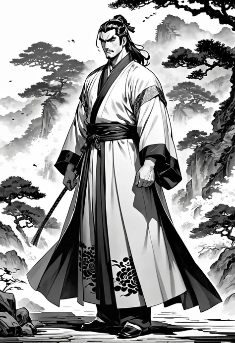 Chinese monochrome costume, Three Kingdoms Jojo, Long robe, middle aged man, Full body exposed, Looking to the side, Don&#39;t turn your head, traditional chinese dress, Only one person comes out, Gray clothes, Monochromatic clothes