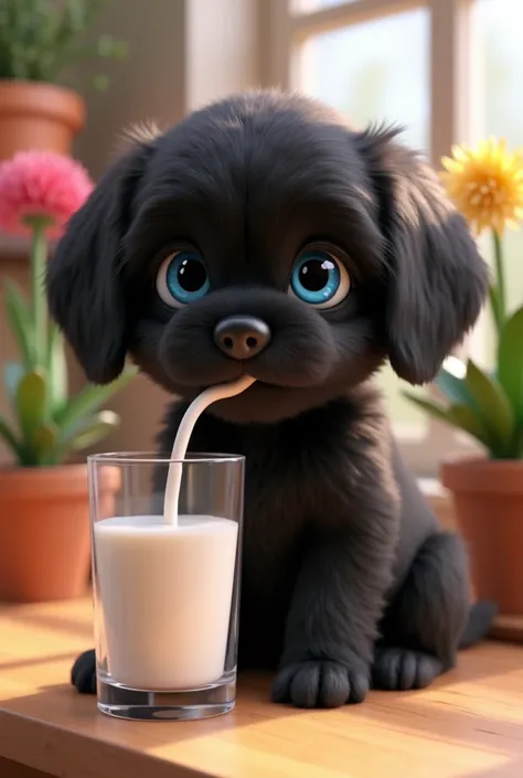 Black cute fur cat adorable black shih tzu puppy bright blue eyes drinking milk on the table beside flower pot 3D Pixar style