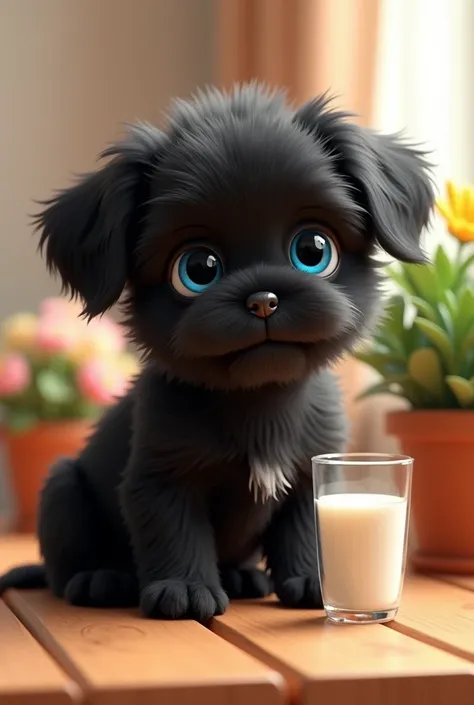 Black cute fur cat adorable black shih tzu puppy bright blue eyes drinking milk on the table beside flower pot 3D Pixar style