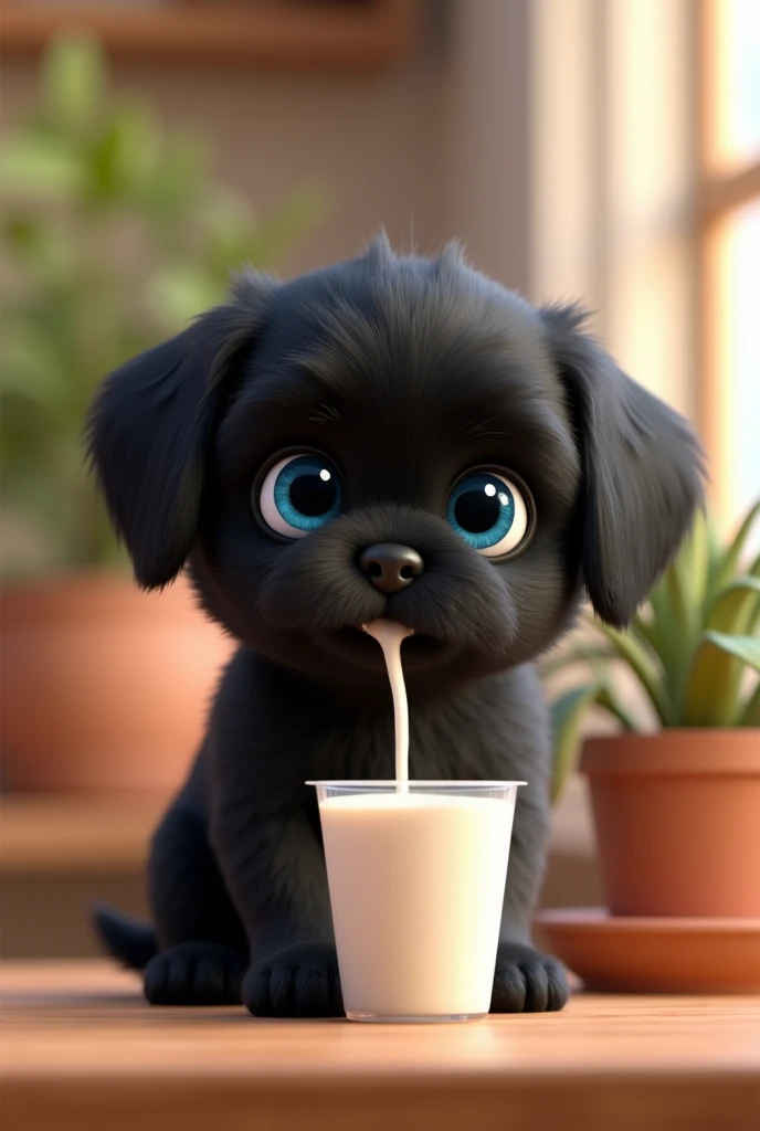 Black cute fur cat adorable black shih tzu puppy bright blue eyes drinking milk on the table beside flower pot 3D Pixar style