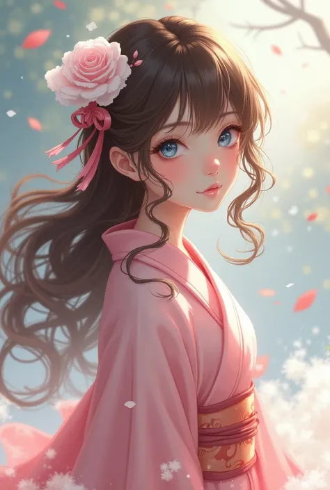 Hair: brown 
eyes: blue  
accessories (hair): cloud clip 
Costume: pink   kimono
Gender: female 
Age: 13 
