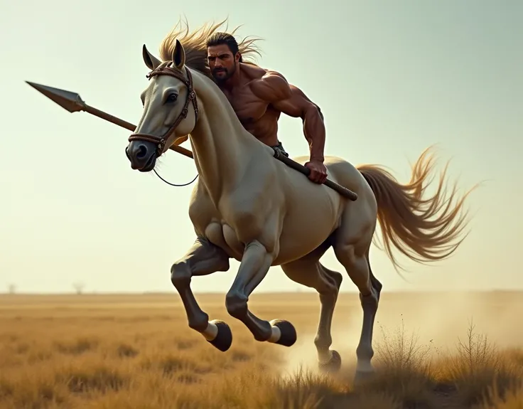 A centaur sprints across the plains with a spear in hand,Panning shot,Trained muscles,Dynamic Scene,mature,Experienced,