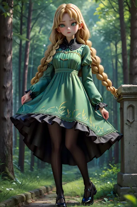 whole body、dress、pantyhose、Black footwear、Blonde、Loose braids、Beautiful Face、Green Eyes、Forest Background、(masterpiece:1.2)、Highest quality、Confused、Highly detailed wallpaper、Perfect lighting、(黒とのdress、length)sleeve:1.1)