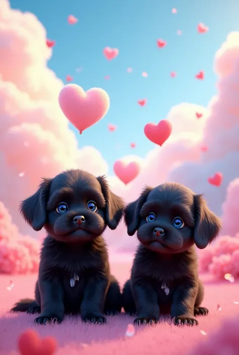 2 adorable black shih zu puppies, bright blue eyes「Pink and blue fantastic sky、Heart shaped cloud floating、Calm digital art」
- 「Heart-shaped clouds floating in a pastel-colored sky、Petals fluttering around、Dreamy landscape」4K --- Expressed like this、You ca...