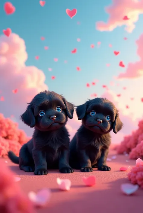 2 adorable black shih zu puppies, bright blue eyes「Pink and blue fantastic sky、Heart shaped cloud floating、Calm digital art」
- 「Heart-shaped clouds floating in a pastel-colored sky、Petals fluttering around、Dreamy landscape」4K --- Expressed like this、You ca...