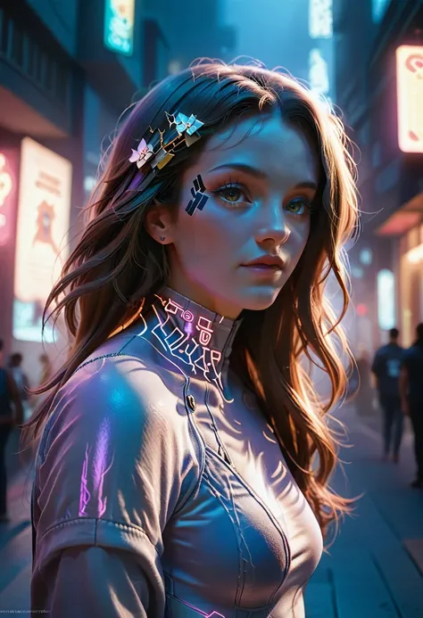 wearing intricate cyberpunk streetwear, beautiful, girl, detailed portrait, 4 thousand., bright colors, conceptual art, cinemati...